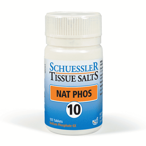 Schuessler 10 Nat Phos 125 tablets, dietary supplement in blister pack, close-up of white tablets for mineral balance.