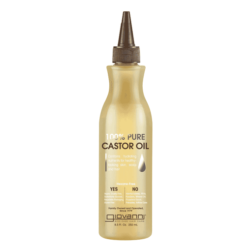 Giovanni 100% pure castor oil in a 250ml bottle, showcasing the clear, golden liquid in a simple container.