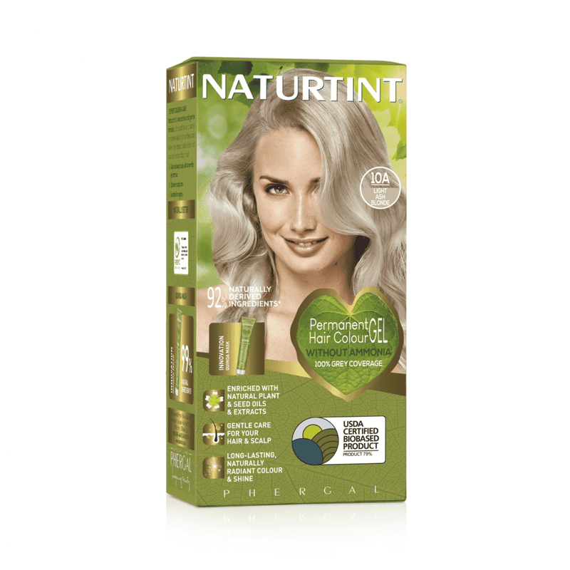 Naturtint 10A Light Ash Blonde hair dye tube with natural, light ash blonde color and product branding visible.