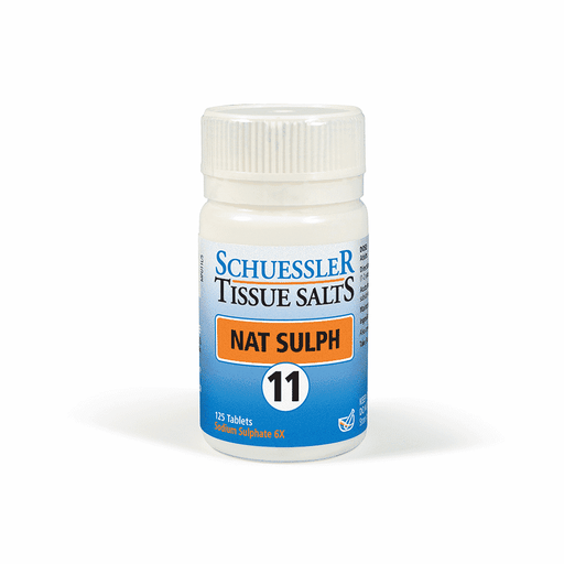 Schuessler 11 Nat Sulph 125 tablets bottle with white tablets in clear container, natural supplement for health support