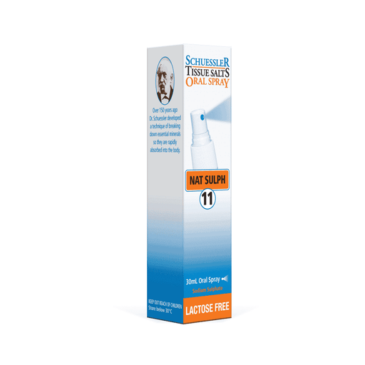 Schuessler 11 Nat Sulph oral spray in 30ml, lactose-free, featuring a white spray bottle with blue accents and a clear cap.