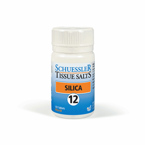 Schuessler 12 Silica tablets in a bottle, showing 125 dietary supplement tablets for skin, hair, and nail health.