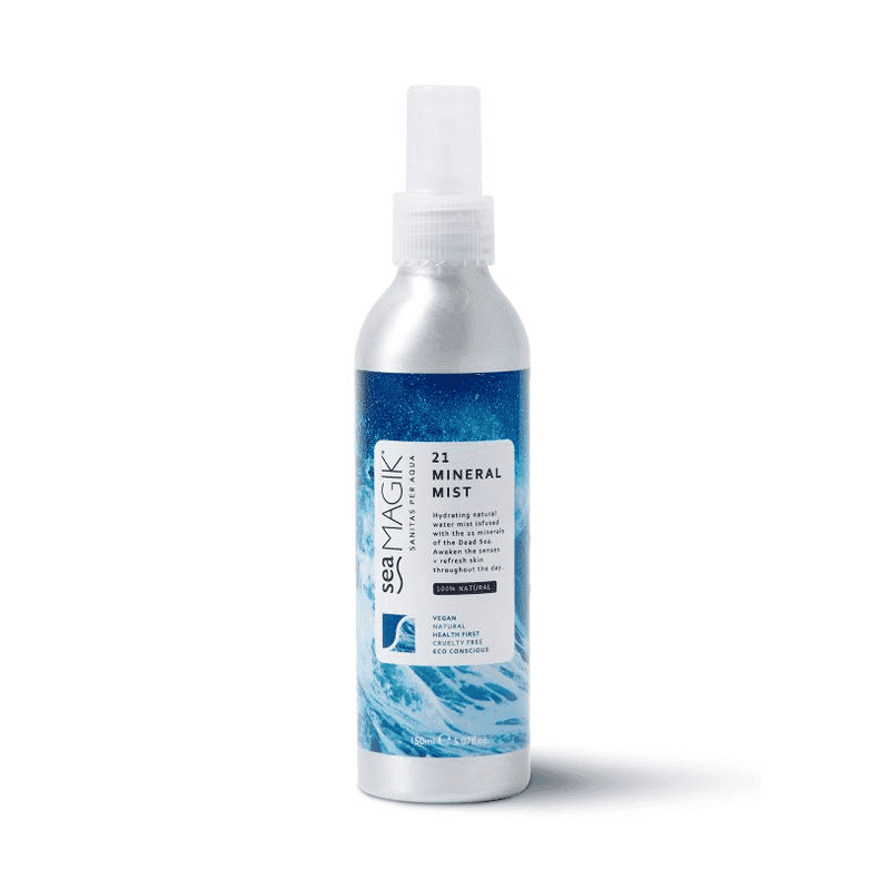 Sea Magik 21 Mineral Mist in a 150ml spray bottle, featuring a clear liquid with a minimalist design and a botanical-themed label.
