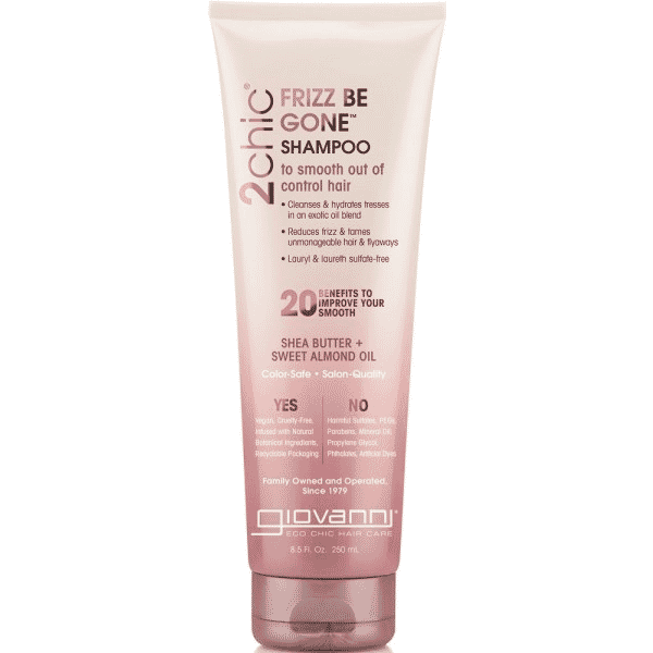 Giovanni 2chic Frizz Be Gone Shampoo with shea butter and sweet almond oil in a 250ml bottle, smooths frizz and nourishes hair.