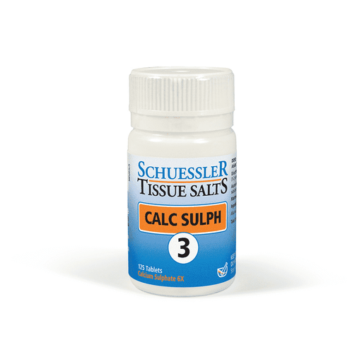 Schuessler 3 Calc Sulphur 125 tablets in a white bottle, showing the label with product details and tablets inside.