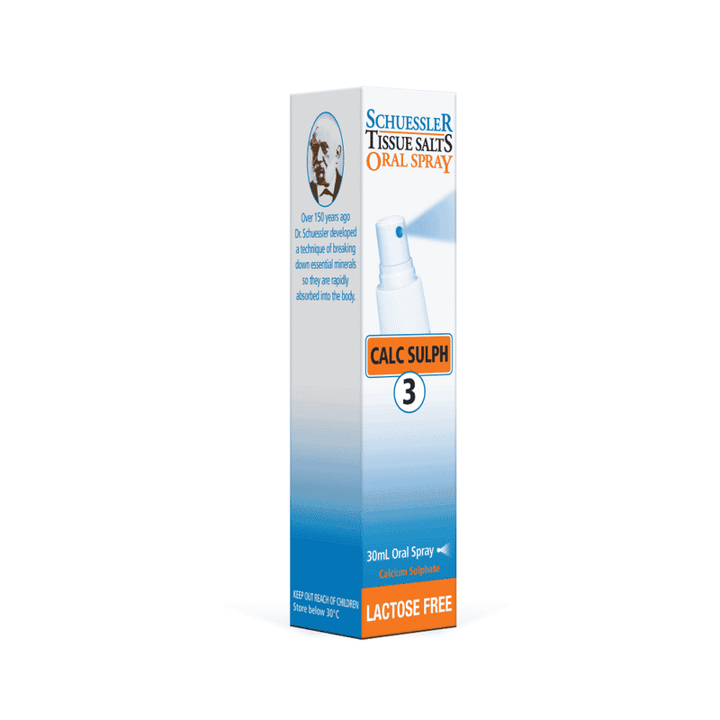 Schuessler 3 Calc Sulph lactose-free oral spray bottle, 30ml, for immune support and skin health.