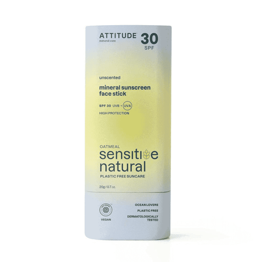 ATTITUDE 30 SPF unscented mineral sunscreen face stick with oatmeal for sensitive skin, natural 20g block for sun protection