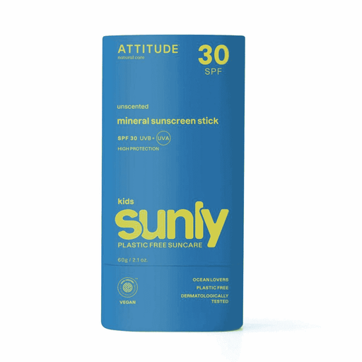 ATTITUDE Kids Sunly SPF 30 unscented mineral sunscreen stick, 60g, with smooth application and natural sun protection for children.