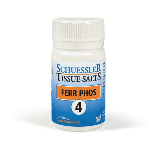 Schuessler 4 Ferr Phos 125 tablets showing a bottle with white tablets inside on a white background.
