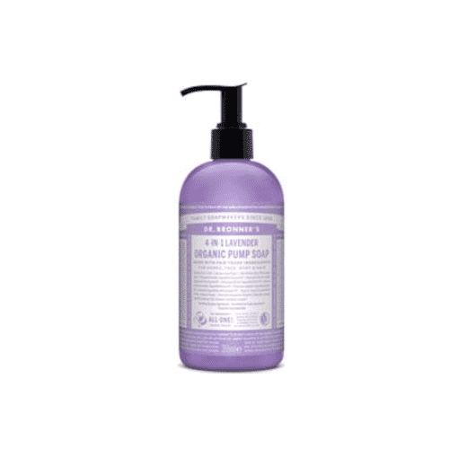 Dr Bronner's Magic Soaps 4-in-1 Lavender Organic Pump Soap in 355ml bottle with lavender scent and label.