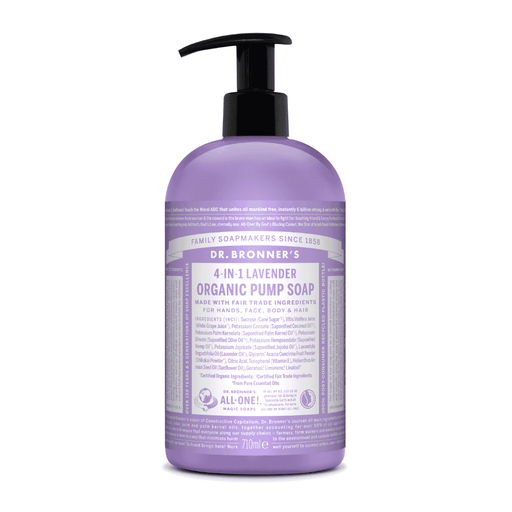 Dr Bronner's Magic Soaps 4-in-1 Lavender Organic Pump Soap in 710ml bottle, showing the label and pump dispenser.