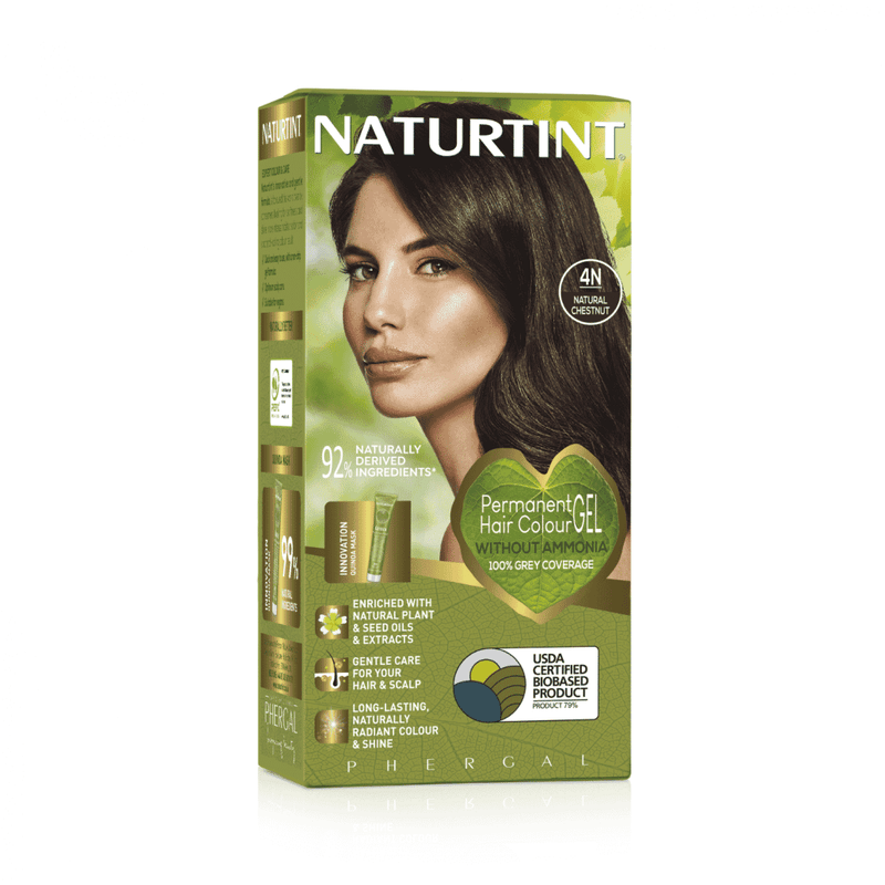 Naturtint 4N Natural Chestnut hair dye box showing natural chestnut shade and branding on packaging.