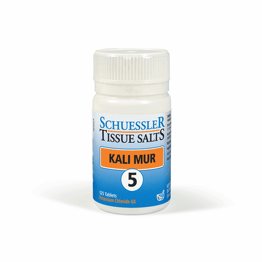 Schuessler 5 Kali Mur 125 tablets bottle showing the label and tablets inside for mineral supplement support