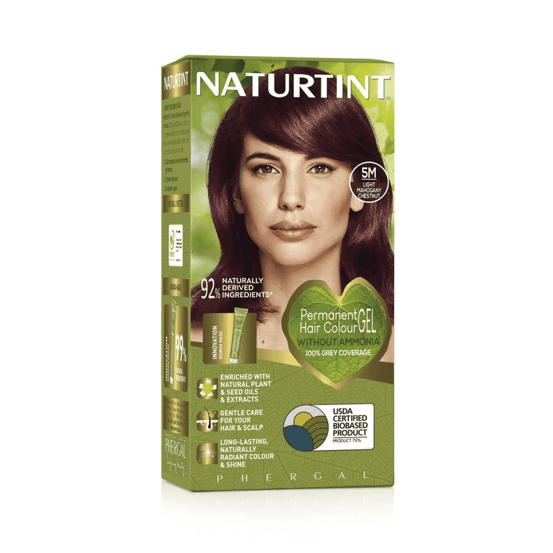 Naturtint 5M Light Mahogany Chestnut hair dye tube with color swatch showing rich mahogany brown shade.