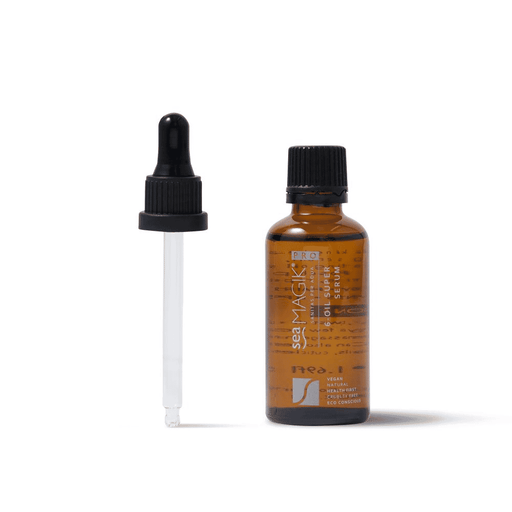 Sea Magik 6-Oil Super Serum 50ml bottle with dropper, showcasing a natural skincare product for nourishing skin.