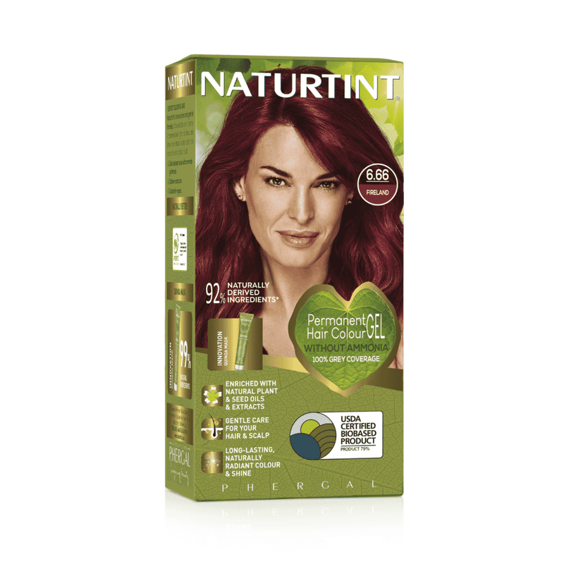 Naturtint 6.66 Fireland hair dye bottle with label showing product name and brand, close-up of the natural hair color.