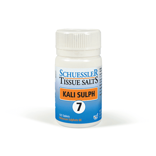 Schuessler 7 Kali Sulph 125 tablets bottle featuring white tablets with label indicating herbal supplement for health support.