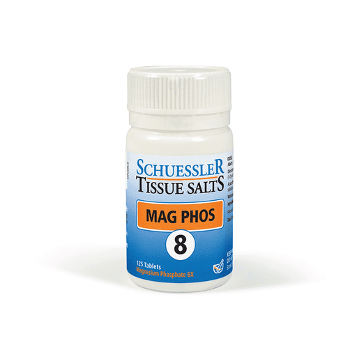 Schuessler 8 Mag Phos 125 tablets bottle with tablets inside, natural supplement for muscle and nerve support.
