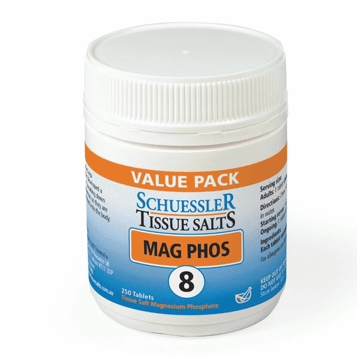 Schuessler 8 Mag Phos 250 tablets bottle showing white tablets inside a clear container, used for mineral supplement purposes