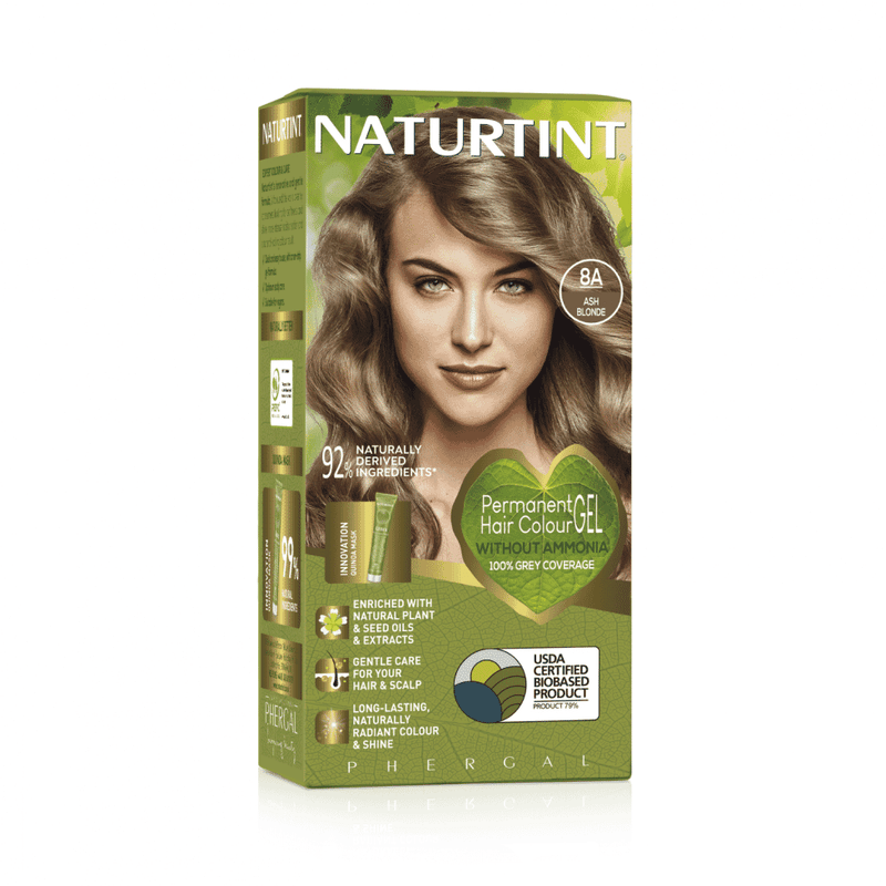 Naturtint 8A Ash Blonde hair dye box with ash blonde hair swatch, showcasing natural, multi-dimensional ash blonde color.