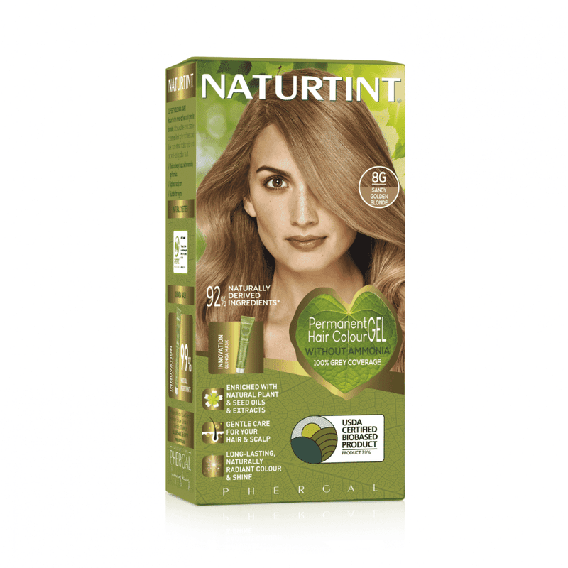 Naturtint Sandy Golden Blonde hair dye in 8g package showing the product and packaging details.
