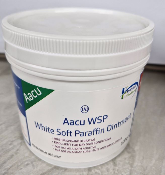 AAcu white soft paraffin ointment 100%, 500g jar, ideal for joint massage, smooth and nourishing skincare product.