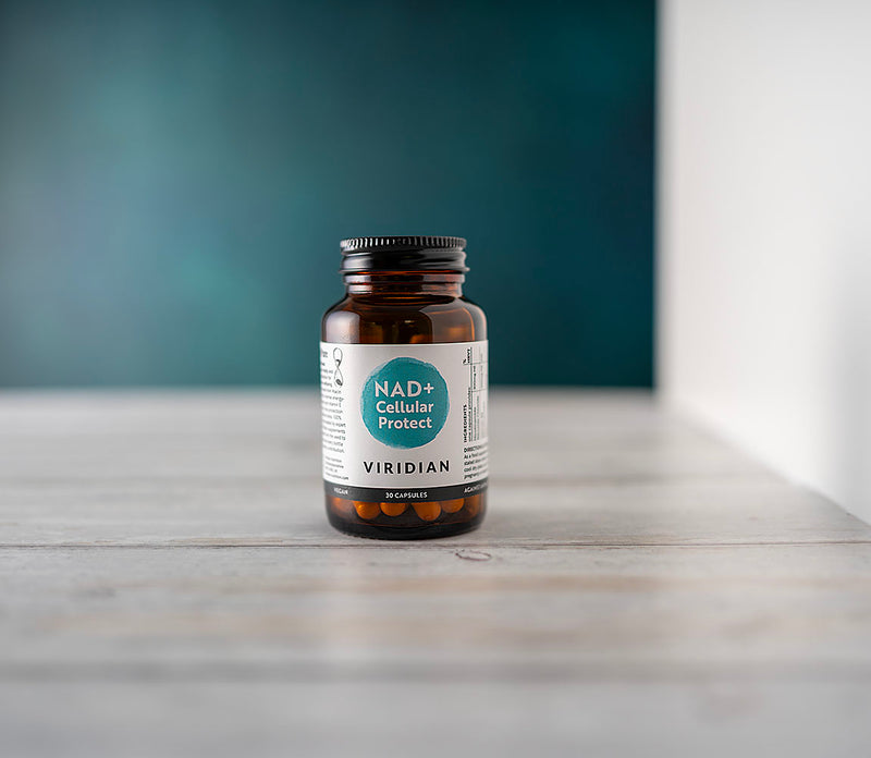 Bottle of Viridian NAD+ Cellular Protect supplements with 30 capsules, featuring vibrant label design and clear branding.