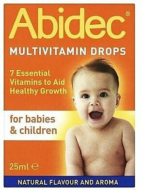 Abidec Multivitamin drops in a 25ml bottle, suitable for children, with a dropper for easy dosing, part of vitamins and supplements.