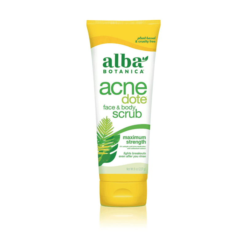 Alba Botanica Acne Dote Face and Body Scrub 227g with natural exfoliants and acne-fighting ingredients, showing the product container.