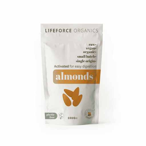 Lifeforce Organics activated almonds in a 250g single pack, showing crunchy, roasted almonds in a clear container.