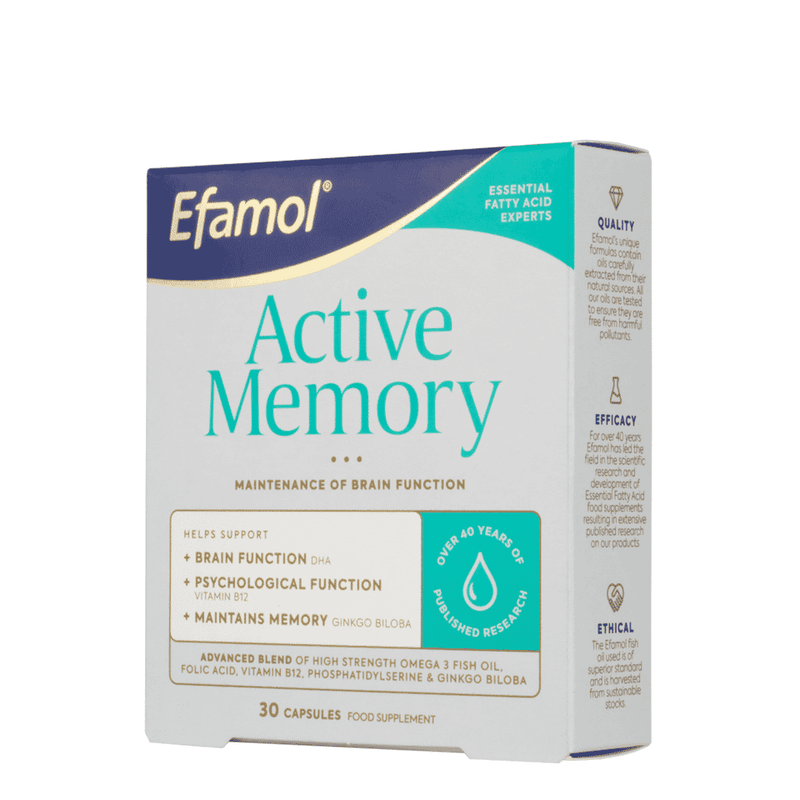 Efamol Active Memory supplement bottle with 30 capsules, featuring the Efamol brand label and product details on the packaging.
