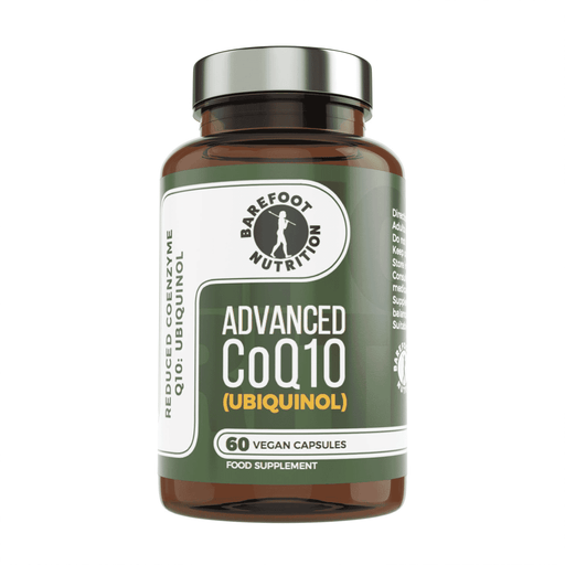 Bottle of Barefoot Nutrition Advanced CoQ10 (Ubiquinol) capsules, 60 softgels, with label visible on white background