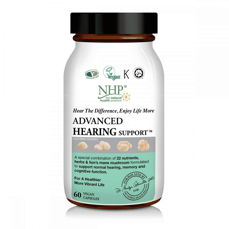 Natural Health Practice NHP Advanced Hearing Support 60s supplement bottle with label showing product details and branding.