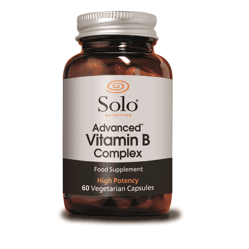 Bottle of Solo Nutrition Advanced Vitamin B Complex supplement with 60 capsules, featuring colorful label and branding.