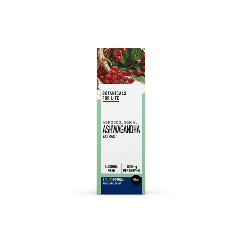 Botanicals For Life Agroecological Ashwagandha Extract 50ml bottle with label and dropper for herbal supplement use