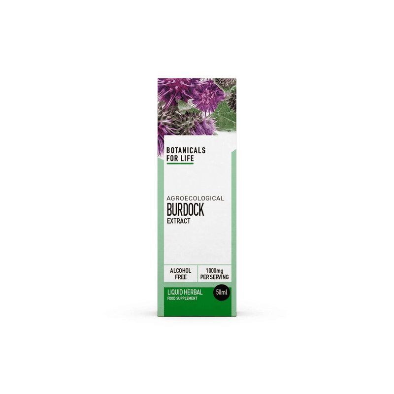 Botanicals For Life Agroecological Burdock Extract 50ml bottle with label and dropper cap, organic herbal supplement.