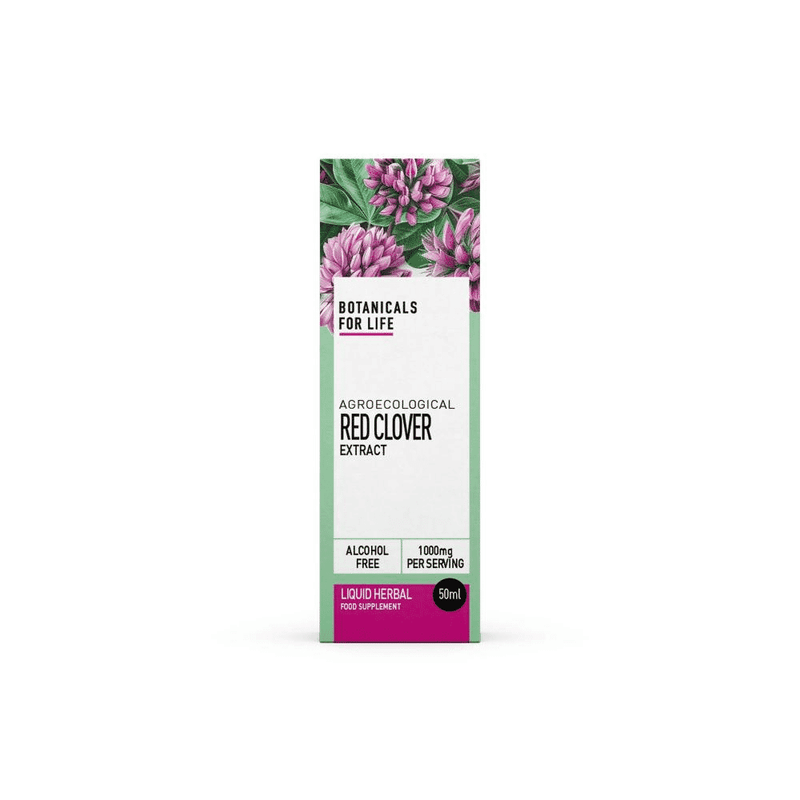 Botanicals For Life Agroecological Red Clover Extract 50ml bottle, green label with botanical illustrations and dropper cap.