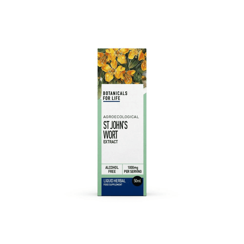 Botanicals For Life Agroecological St. John's Wort Extract 50ml bottle with label and dropper cap, natural herbal supplement.