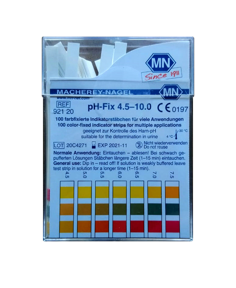 Alka pH test strips in a box of 100 for measuring pH levels, with a close-up of the testing strips and packaging.