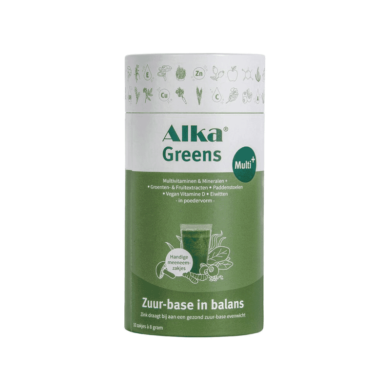 Alka Greens 10x8g sachets featuring vibrant green powder in individual sachets, ideal for healthy smoothies and drinks.