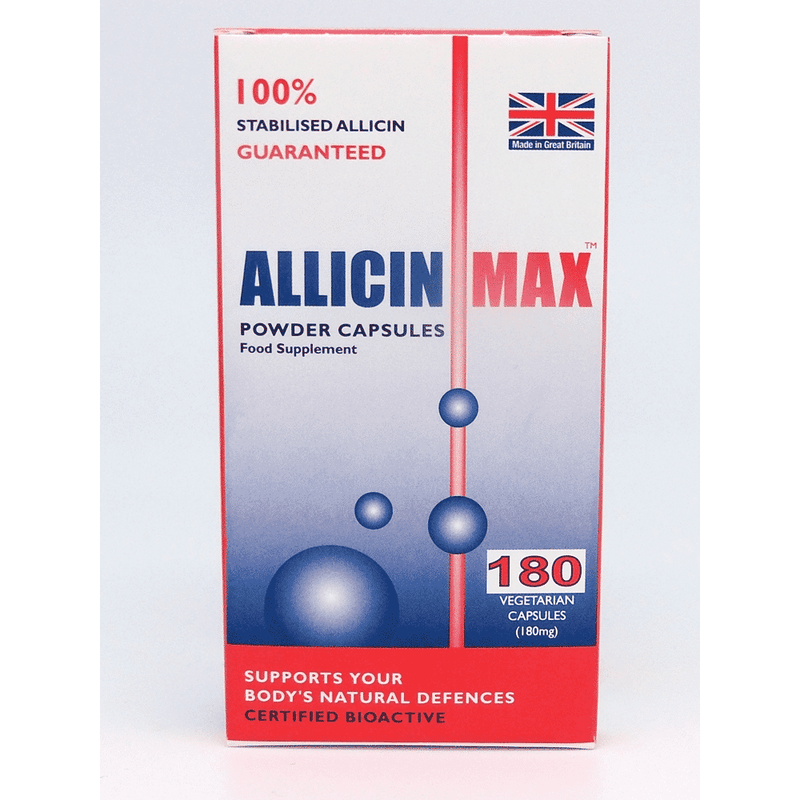 AllicinMax 180s supplement bottle from Allicin with label showing 180 capsules, featuring green and white packaging.