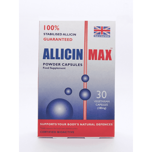 AllicinMax 30s supplement bottle with blister pack of tablets, natural garlic extract supplement by Allicin.