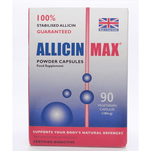 AllicinMax 90s supplement bottle by Allicin, featuring a white container with a blue label and cap, displayed on a plain background.