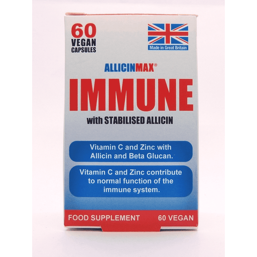 AllicinMax Immune supplement box with 60 capsules from Allicin, featuring the product label and packaging design.