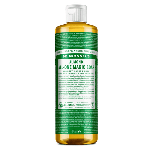 Dr Bronner's Magic Soaps Almond All-One Magic Soap bottle, 475ml, with almond scent and label showing natural ingredients