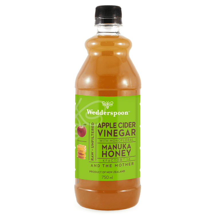 Wedderspoon Apple Cider Vinegar with Manuka Honey 750ml bottle showing label and amber-colored liquid inside.