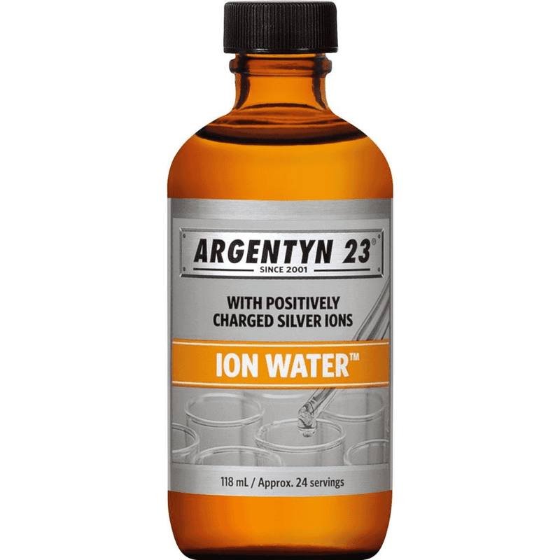 Argentyn 23 Ion Water 118ml bottle with polyseal cap, showcasing clear liquid in a transparent container.