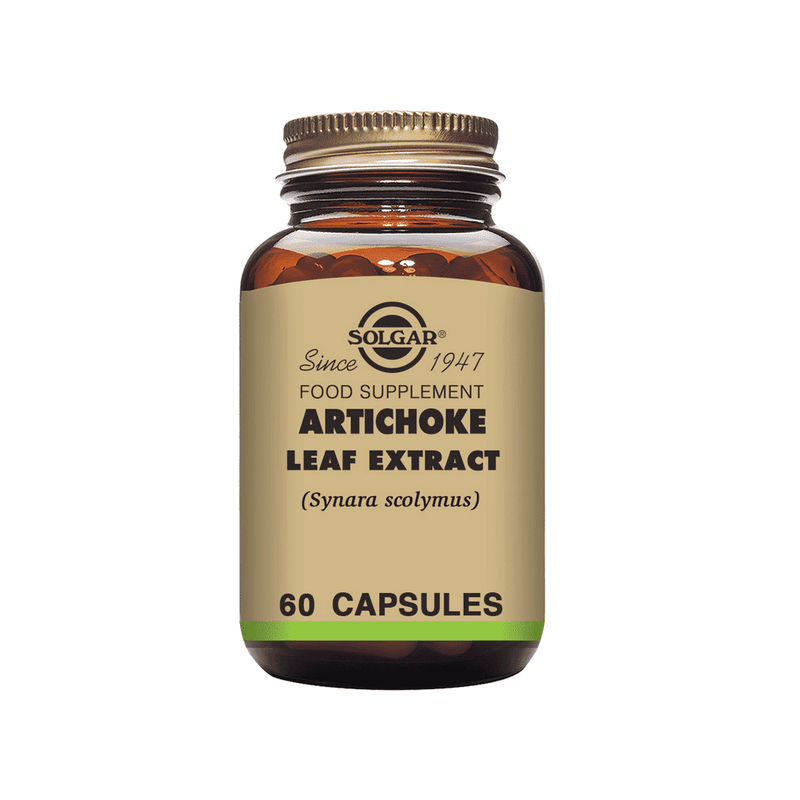 Solgar Artichoke Leaf Extract bottle with 60 capsules, showing the supplement label and green leaf design.