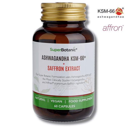 Bottle of Super Biotic Ashwagandha KSM66 and Saffron Extract vitamins and supplements, with capsules inside.