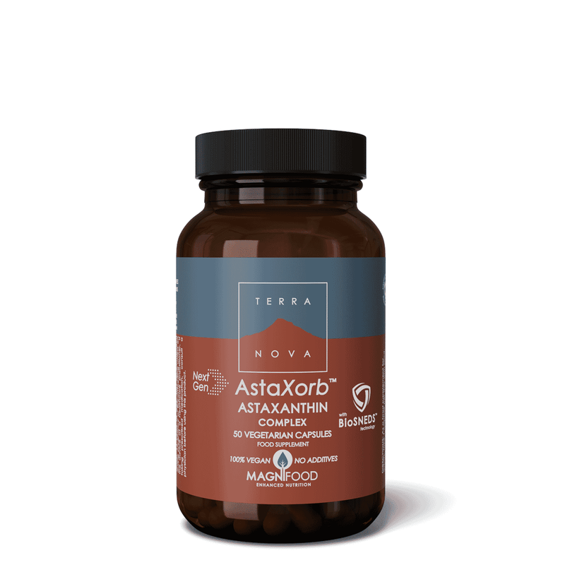 Terranova AstaXorb Astaxanthin Complex BioSNEDS 50s vitamin supplement bottle with capsules in blister pack.
